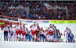 21.02.2015, Falun, Sweden (SWE): Yulia Tchekaleva (RUS), Therese Johaug (NOR), Marit Bjoergen (NOR), Heidi Weng (NOR), Elizabeth Stephen (USA), (l-r)  - FIS nordic world ski championships, cross-country, skiathlon women, Falun (SWE). www.nordicfocus.com. © NordicFocus. Every downloaded picture is fee-liable.