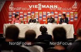 18.02.2015, Falun, Sweden (SWE): FIS opening press conference with Sarah Lewis (FIS), Gian Franco Casper (FIS), Sven von Holst (SWE), Adde Granberg (SWE) (l-r) - FIS nordic world ski championships, cross-country, training, Falun (SWE). www.nordicfocus.com. © NordicFocus. Every downloaded picture is fee-liable.