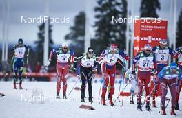 29.11.2015, Ruka, Finland (FIN): Alexey Poltoranin (KAZ), Petter Northug (NOR), Dario Cologna (SUI), Niklas Dyrhaug (NOR), Sjur Roethe (NOR), Anders Gloeersen (NOR), (l-r)  - FIS world cup cross-country, 15km men, Ruka (FIN). www.nordicfocus.com. © Felgenhauer/NordicFocus. Every downloaded picture is fee-liable.