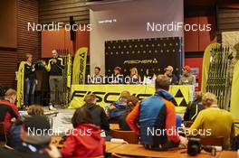 26.11.2015, Ruka, Finland (FIN): Fischer press conference, Tanja Winterhalder (GER), Gerhard Urain (AUT), Dario Cologna (SUI), Martin Johnsrud Sundby (NOR), Therese Johaug (NOR), Charlotte Kalla (SWE), Severin Freund (GER), Johannes Rydzek (GER), (l-r)   - FIS world cup cross-country, training, Ruka (FIN). www.nordicfocus.com. © Felgenhauer/NordicFocus. Every downloaded picture is fee-liable.