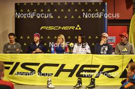 26.11.2015, Ruka, Finland (FIN): Fischer press conference, Dario Cologna (SUI), Martin Johnsrud Sundby (NOR), Therese Johaug (NOR), Charlotte Kalla (SWE), Severin Freund (GER), Johannes Rydzek (GER), (l-r)   - FIS world cup cross-country, training, Ruka (FIN). www.nordicfocus.com. © Felgenhauer/NordicFocus. Every downloaded picture is fee-liable.