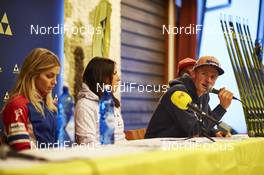 26.11.2015, Ruka, Finland (FIN): Fischer press conference, Therese Johaug (NOR), Charlotte Kalla (SWE), Severin Freund (GER),  (l-r)   - FIS world cup cross-country, training, Ruka (FIN). www.nordicfocus.com. © Felgenhauer/NordicFocus. Every downloaded picture is fee-liable.