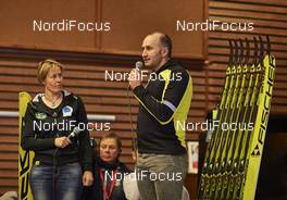 26.11.2015, Ruka, Finland (FIN): Fischer press conference, Tanja Winterhalder (GER), Gerhard Urain (AUT), (l-r)   - FIS world cup cross-country, training, Ruka (FIN). www.nordicfocus.com. © Felgenhauer/NordicFocus. Every downloaded picture is fee-liable.
