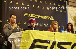 26.11.2015, Ruka, Finland (FIN): Fischer press conference, Dario Cologna (SUI), Martin Johnsrud Sundby (NOR), Therese Johaug (NOR), Charlotte Kalla (SWE), (l-r)   - FIS world cup cross-country, training, Ruka (FIN). www.nordicfocus.com. © Felgenhauer/NordicFocus. Every downloaded picture is fee-liable.