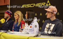 26.11.2015, Ruka, Finland (FIN): Fischer press conference, Martin Johnsrud Sundy (NOR), Therese Johaug (NOR), Charlotte Johaug (SWE), Severin Freund (GER), (l-r)   - FIS world cup cross-country, training, Ruka (FIN). www.nordicfocus.com. © Felgenhauer/NordicFocus. Every downloaded picture is fee-liable.