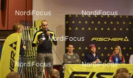 26.11.2015, Ruka, Finland (FIN): Fischer press conference, Tanja Winterhalder (GER), Gerhard Urain (AUT), Dario Cologna (SUI), Martin Johnsrud Sundby (NOR), Therese Johaug (NOR), (l-r)   - FIS world cup cross-country, training, Ruka (FIN). www.nordicfocus.com. © Felgenhauer/NordicFocus. Every downloaded picture is fee-liable.