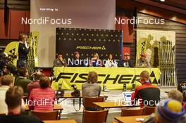 26.11.2015, Ruka, Finland (FIN): Fischer press conference, Tanja Winterhalder (GER), Dario Cologna (SUI), Martin Johnsrud Sundby (NOR), Therese Johaug (NOR), Charlotte Kalla (SWE), Severin Freund (GER), Johannes Rydzek (GER), (l-r)   - FIS world cup cross-country, training, Ruka (FIN). www.nordicfocus.com. © Felgenhauer/NordicFocus. Every downloaded picture is fee-liable.