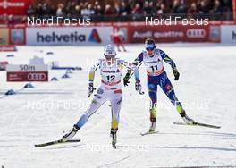 12.12.2015, Davos, Switzerland (SUI): Anna Haag (SWE), Coraline Thomas Hugue (FRA), (l-r)  - FIS world cup cross-country, 15km women, Davos (SUI). www.nordicfocus.com. © Felgenhauer/NordicFocus. Every downloaded picture is fee-liable.
