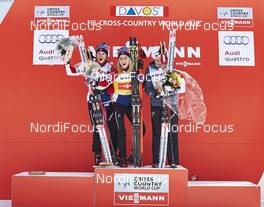 12.12.2015, Davos, Switzerland (SUI): Ingvild Flugstad Oestberg (NOR), Therese Johaug (NOR), Heidi Weng (NOR), (l-r) - FIS world cup cross-country, 15km women, Davos (SUI). www.nordicfocus.com. © Felgenhauer/NordicFocus. Every downloaded picture is fee-liable.
