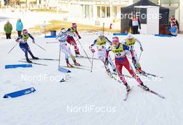 13.12.2015, Davos, Switzerland (SUI): Jessica Diggins (USA), Stina Nilsson (SWE), Sophie Caldwell (USA), Kathrine Rolsted Harsem (NOR), Hanna Falk (SWE), (l-r)  - FIS world cup cross-country, individual sprint, Davos (SUI). www.nordicfocus.com. © Felgenhauer/NordicFocus. Every downloaded picture is fee-liable.