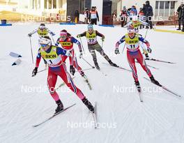 13.12.2015, Davos, Switzerland (SUI): Ingvild Flugstad Oestberg (NOR), Jonna Sundling (SWE), Maiken Caspersen Falla (NOR), Sandra Ringwald (GER), Heidi Weng (NOR), Ida Ingemarsdotter (SWE), (l-r)  - FIS world cup cross-country, individual sprint, Davos (SUI). www.nordicfocus.com. © Felgenhauer/NordicFocus. Every downloaded picture is fee-liable.