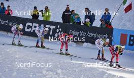 13.12.2015, Davos, Switzerland (SUI): Sophie Caldwell (USA), Stina Nilsson (SWE), Maiken Caspersen Falla (NOR), Hanna Falk (SWE), Ingvild Flugstad Oestberg (NOR), (l-r)  - FIS world cup cross-country, individual sprint, Davos (SUI). www.nordicfocus.com. © Felgenhauer/NordicFocus. Every downloaded picture is fee-liable.