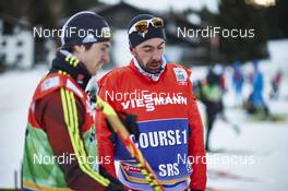 13.12.2015, Davos, Switzerland (SUI): Simon Caprini (FRA) ski tests with Thomas Bing (GER)   - FIS world cup cross-country, training, Davos (SUI). www.nordicfocus.com. © Felgenhauer/NordicFocus. Every downloaded picture is fee-liable.