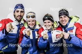 03.03.2016, Oslo, Norway (NOR): Martin Fourcade (FRA), Marie Dorin Habert (FRA), Anais Bescond (FRA), Quentin Fillon Maillet (FRA) - IBU world championships biathlon, medals, Oslo (NOR). www.nordicfocus.com. © NordicFocus. Every downloaded picture is fee-liable.