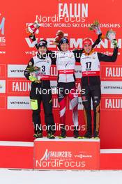 26.02.2015, Falun, Sweden (SWE): Francois Braud (FRA), Bernhard Gruber (AUT), Johannes Rydzek (GER), (l-r)  - FIS nordic world ski championships, nordic combined, individual gundersen HS134/10km, Falun (SWE). www.nordicfocus.com. © NordicFocus. Every downloaded picture is fee-liable.