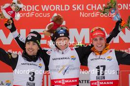 26.02.2015, Falun, Sweden (SWE): Francois Braud (FRA), Bernhard Gruber (AUT), Johannes Rydzek (GER), (l-r)  - FIS nordic world ski championships, nordic combined, individual gundersen HS134/10km, Falun (SWE). www.nordicfocus.com. © NordicFocus. Every downloaded picture is fee-liable.