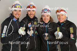 22.02.2015, Falun, Sweden (SWE): Haavard Klemetsen (NOR), Magnus Moan (NOR), Mikko Kokslien (NOR), Joergen Graabak (NOR), (l-r)  - FIS nordic world ski championships, nordic combined, medals, Falun (SWE). www.nordicfocus.com. © NordicFocus. Every downloaded picture is fee-liable.