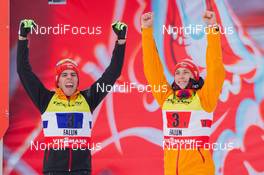 28.02.2015, Falun, Sweden (SWE): Johannes Rydzek (GER), Eric Frenzel (GER) - FIS nordic world ski championships, nordic combined, team sprint HS134/2x7.5km, Falun (SWE). www.nordicfocus.com. © NordicFocus. Every downloaded picture is fee-liable.