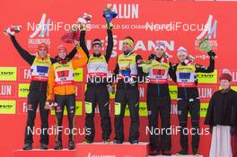 28.02.2015, Falun, Sweden (SWE): Eric Frenzel (GER), Johannes Rydzek (GER), Jason Lamy-Chappuis (FRA), Francois Braud (FRA), Magnus Moan (NOR), Haavard Klemetsen (NOR) - FIS nordic world ski championships, nordic combined, team sprint HS134/2x7.5km, Falun (SWE). www.nordicfocus.com. © NordicFocus. Every downloaded picture is fee-liable.
