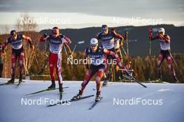 06.12.2015, Lillehammer, Norway (NOR): Bernhard Gruber (AUT), Akito Watabe (JPN), Lukas Klapfer (AUT), Wilhelm Denifl (AUT), Mario Seidl (AUT), (l-r)  - FIS world cup nordic combined, individual gundersen HS138/10km, Lillehammer (NOR). www.nordicfocus.com. © Felgenhauer/NordicFocus. Every downloaded picture is fee-liable.
