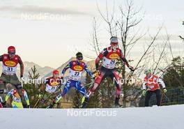 19.12.2015, Ramsau, Austria (AUT): Johannes Rydzek (GER), Tobias Haug (GER), Maxime Laheurte (FRA), Philipp Orter (AUT), (l-r)  - FIS world cup nordic combined, individual gundersen HS96/10km, Ramsau (AUT). www.nordicfocus.com. © Felgenhauer/NordicFocus. Every downloaded picture is fee-liable.