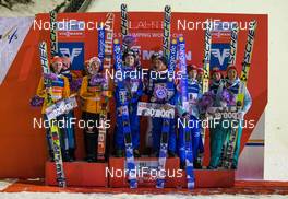 07.03.2015, Lahti, Finland (FIN): (l-r) teams on the podium (l-r) Germany (GER), Norway (NOR) and Japan (JPN) - FIS world cup ski jumping, team HS130, Lahti (FIN). www.nordicfocus.com. © Laiho/NordicFocus. Every downloaded picture is fee-liable.