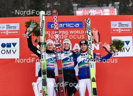 22.03.2015, Planica, Slovenia (SLO): Peter Prevc (SLO), Jurij Tepes (SLO), Rune Velta (NOR), (l-r) - FIS world cup ski jumping, individual HS215, Planica (SLO). www.nordicfocus.com. © Felgenhauer/NordicFocus. Every downloaded picture is fee-liable.