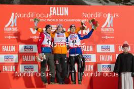 26.02.2015, Falun, Sweden (SWE): Gregor Schlierenzauer (AUT), Severin Freund (GER), Rune Velta (NOR), (l-r)  - FIS nordic world ski championships, ski jumping, individual HS134, Falun (SWE). www.nordicfocus.com. © NordicFocus. Every downloaded picture is fee-liable.
