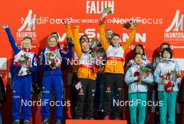 22.02.2015, Falun, Sweden (SWE): Line Jahr (NOR), Anders Bardal (NOR), Maren Lundby (NOR), Rune Velta (NOR), Carina Vogt (GER), Richard Freitag (GER), Katharina Althaus (GER), Severin Freund (GER), Sara Takanashi (JPN), Noriaki Kasai (JPN), Yuki Ito (JPN), Taku Takeuchi (JPN) - FIS nordic world ski championships, ski jumping, mixed team HS100, Falun (SWE). www.nordicfocus.com. © NordicFocus. Every downloaded picture is fee-liable.