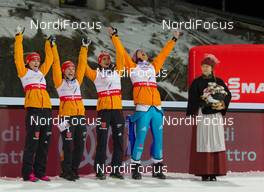 22.02.2015, Falun, Sweden (SWE): Carina Vogt (GER), Katharina Althaus (GER), Richard Freitag (GER), Severin Freund (GER) - FIS nordic world ski championships, ski jumping, mixed team HS100, Falun (SWE). www.nordicfocus.com. © NordicFocus. Every downloaded picture is fee-liable.