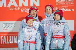 22.02.2015, Falun, Sweden (SWE): Sara Takanashi (JPN), Noriaki Kasai (JPN), Yuki Ito (JPN), Taku Takeuchi (JPN), (l-r)  - FIS nordic world ski championships, ski jumping, mixed team HS100, Falun (SWE). www.nordicfocus.com. © NordicFocus. Every downloaded picture is fee-liable.