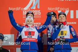 22.02.2015, Falun, Sweden (SWE): Line Jahr (NOR), Anders Bardal (NOR), Maren Lundby (NOR), Rune Velta (NOR), (l-r)  - FIS nordic world ski championships, ski jumping, mixed team HS100, Falun (SWE). www.nordicfocus.com. © NordicFocus. Every downloaded picture is fee-liable.