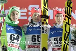 06.12.2015, Lillehammer, Norway (NOR): Peter Prevc (SLO), Kenneth Gangnes (NOR), Johann Andre Forfang (NOR), (l-r) - FIS world cup ski jumping, individual HS138, Lillehammer (NOR). www.nordicfocus.com. © Modica/NordicFocus. Every downloaded picture is fee-liable.