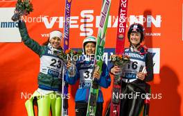 13.03.2015, Oslo, Norway (NOR): (l-r) the 3 best athletes of the day Sarah Hendrickson (USA), Sara Takanashi (JPN) and Taylor Henrich (CAN) - FIS world cup ski jumping ladies, individual HS134, Oslo (NOR). www.nordicfocus.com. © Laiho/NordicFocus. Every downloaded picture is fee-liable.