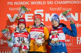 20.02.2015, Falun, Sweden (SWE): Yuki Ito (JPN), Carina Vogt (GER), Daniela Iraschko-Stolz (AUT) - FIS nordic world ski championships, ski jumping ladies, individual HS100, Falun (SWE). www.nordicfocus.com. © NordicFocus. Every downloaded picture is fee-liable.