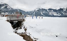 24.01.2015, Tannheimer Tal, Austria (AUT) - Bad Hindelang, Germany (GER): slower racers pass a bridge near Nessewaengle  - Skitrail Tannheimertal (AUT) - Bad Hindelang (GER). www.nordicfocus.com. © Felgenhauer/NordicFocus. Every downloaded picture is fee-liable.