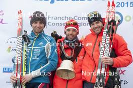 08.02.2015, Morez, France (FRA): (l-r) Thibault Mondon (FRA), Jérémie Millereau (FRA), Adrien Mougel (FRA) - FIS Marathon Cup La Transjurassienne, Morez (FRA). www.nordicfocus.com. © Becker/NordicFocus. Every downloaded picture is fee-liable.