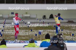 10.01.2016, Ruhpolding, Germany (GER): Emil Hegle Svendsen (NOR), Martin Fourcade (FRA), (l-r) -  IBU world cup biathlon, mass men, Ruhpolding replacing Oberhof (GER). www.nordicfocus.com. © Manzoni/NordicFocus. Every downloaded picture is fee-liable.