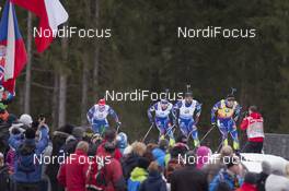 10.01.2016, Ruhpolding, Germany (GER): Ondrej Moravec (CZE), Quentin Fillon Maillet (FRA), Simon Fourcade (FRA), Martin Fourcade (FRA), (l-r) -  IBU world cup biathlon, mass men, Ruhpolding replacing Oberhof (GER). www.nordicfocus.com. © Manzoni/NordicFocus. Every downloaded picture is fee-liable.