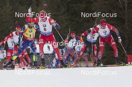 10.01.2016, Ruhpolding, Germany (GER): Ole Einar Bjoerndalen (NOR), Martin Fourcade (FRA), Johannes Thingnes Boe (NOR), Evgeniy Garanichev (RUS), Dominik Landertinger (AUT), Tarjei Boe (NOR), (l-r) -  IBU world cup biathlon, mass men, Ruhpolding replacing Oberhof (GER). www.nordicfocus.com. © Manzoni/NordicFocus. Every downloaded picture is fee-liable.