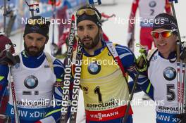 10.01.2016, Ruhpolding, Germany (GER): Simon Fourcade (FRA), Martin Fourcade (FRA), Quentin Fillon Maillet (FRA), (l-r) -  IBU world cup biathlon, mass men, Ruhpolding replacing Oberhof (GER). www.nordicfocus.com. © Manzoni/NordicFocus. Every downloaded picture is fee-liable.