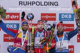 09.01.2016, Ruhpolding, Germany (GER): Martin Fourcade (FRA), Simon Eder (AUT), Michal Slesingr (CZE), (l-r) -  IBU world cup biathlon, pursuit men, Ruhpolding replacing Oberhof (GER). www.nordicfocus.com. © Manzoni/NordicFocus. Every downloaded picture is fee-liable.