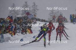 16.01.2016, Ruhpolding, Germany (GER): Martin Fourcade (FRA), Emil Hegle Svendsen (NOR), Johannes Thingnes Boe (NOR), (l-r) -  IBU world cup biathlon, mass men, Ruhpolding (GER). www.nordicfocus.com. © Manzoni/NordicFocus. Every downloaded picture is fee-liable.