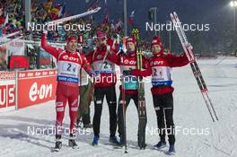 15.01.2016, Ruhpolding, Germany (GER): Emil Hegle Svendsen (NOR), Johannes Thingnes Boe (NOR), Tarjei Boe (NOR), Ole Einar Bjoerndalen (NOR), (l-r) -  IBU world cup biathlon, relay men, Ruhpolding (GER). www.nordicfocus.com. © Manzoni/NordicFocus. Every downloaded picture is fee-liable.