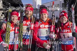 07.02.2016, Canmore, Canada (CAN): Haavard Bogetveit (NOR), Alexander Os (NOR), Synnoeve Solemdal (NOR), Marte Olsbu (NOR), (l-r) -  IBU world cup biathlon, relay mixed, Canmore (CAN). www.nordicfocus.com. © Manzoni/NordicFocus. Every downloaded picture is fee-liable.