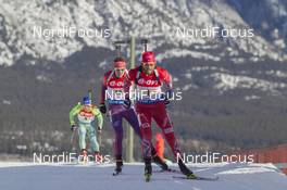 07.02.2016, Canmore, Canada (CAN): Tim Burke (USA), Alexander Os (NOR) -  IBU world cup biathlon, relay mixed, Canmore (CAN). www.nordicfocus.com. © Manzoni/NordicFocus. Every downloaded picture is fee-liable.