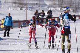 07.02.2016, Canmore, Canada (CAN): Hilde Fenne (NOR), Lars Helge Birkeland (NOR), (l-r) -  IBU world cup biathlon, single mixed relay, Canmore (CAN). www.nordicfocus.com. © Manzoni/NordicFocus. Every downloaded picture is fee-liable.