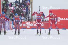13.02.2016, Presque Isle, United States of America (USA): Dmitry Malyshko (RUS), Maxim Tsvetkov (RUS), Tarjei Boe (NOR), Johannes Thingnes Boe (NOR), (l-r) -  IBU world cup biathlon, relay men, Presque Isle (USA). www.nordicfocus.com. © Manzoni/NordicFocus. Every downloaded picture is fee-liable.