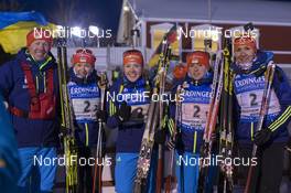 13.02.2016, Presque Isle, United States of America (USA): Uros Velepec (SLO) headcoach Team Slovenia, Natalya Burdyga (URK), Juliya Dzhyma (UKR), Iryna Varvynets (UKR), Olena Pidhrushna (UKR), (l-r) -  IBU world cup biathlon, relay women, Presque Isle (USA). www.nordicfocus.com. © Manzoni/NordicFocus. Every downloaded picture is fee-liable.