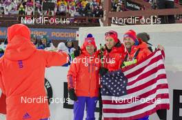18.03.2016, Khanty-Mansiysk, Russia (RUS): Jean Paquet (CAN) coach Team USA celebrates with the Team -  IBU world cup biathlon, sprint men, Khanty-Mansiysk (RUS). www.nordicfocus.com. © Manzoni/NordicFocus. Every downloaded picture is fee-liable.